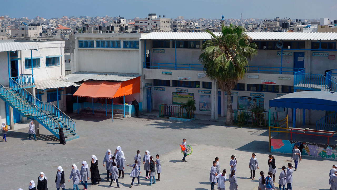Girls at sports class in Gaza at a girls' school maintained by the UN Palestine Refugee Agency (UNRWA).